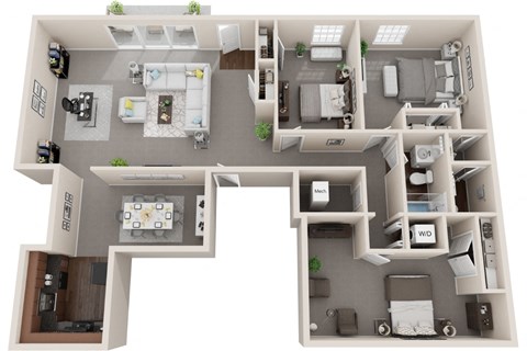 3 bed 1 bath, 1395sf 3d floor plan  at Kenilworth at Charles Apartments, Towson, 21204
